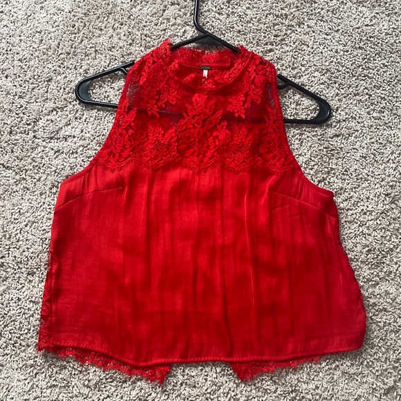 **sold** Free People open back red lace and polyester top - Picture 2 of 8